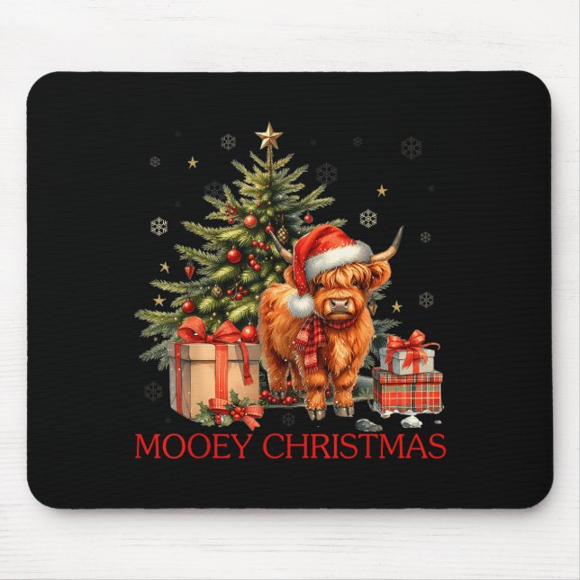 Mooey Christmas Santa Highland Cow Santa Xmas Tree Mouse Pad (Front)