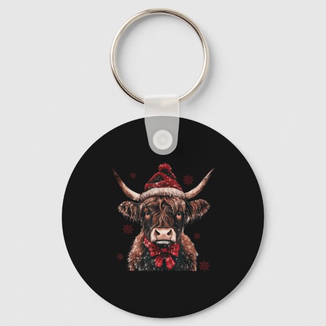 Mooey Christmas Western Highland Cow Lover Santa H Key Ring (Front)