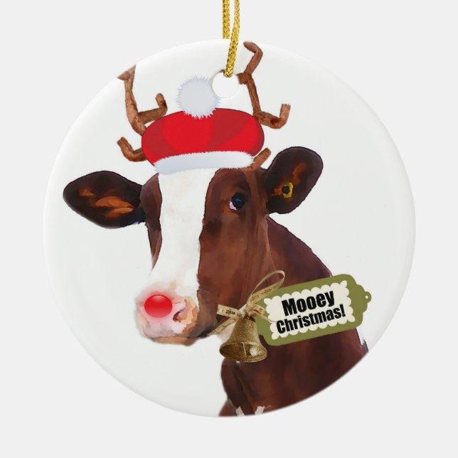 Mooey Merry Christmas Reindeer Cow Ceramic Tree Decoration (Front)