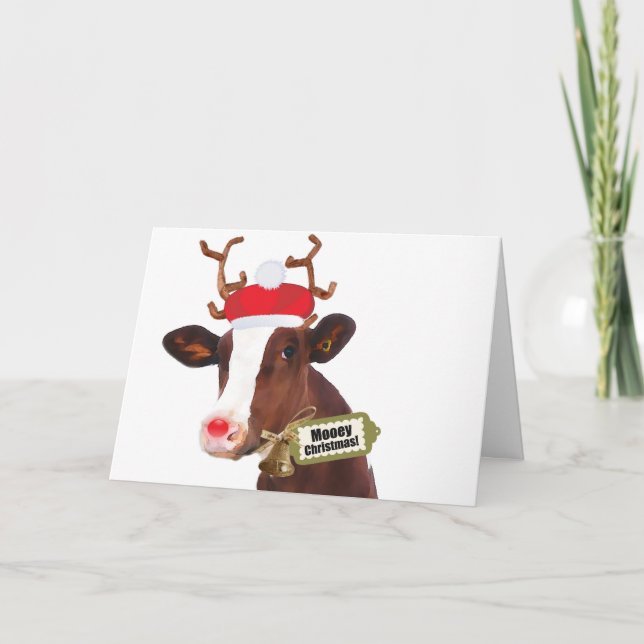 Mooey Merry Christmas Reindeer Cow Holiday Card (Front)