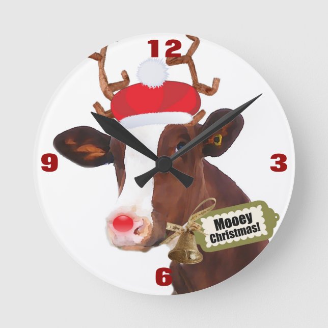 Mooey Merry Christmas Reindeer Cow Round Clock (Front)