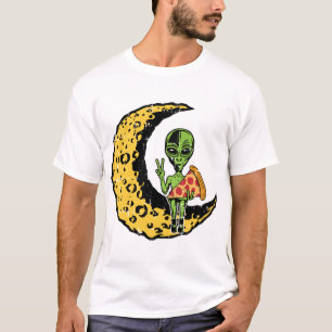 Moon Alien Eating Pizza Peace Costume Funny Hallow T-Shirt