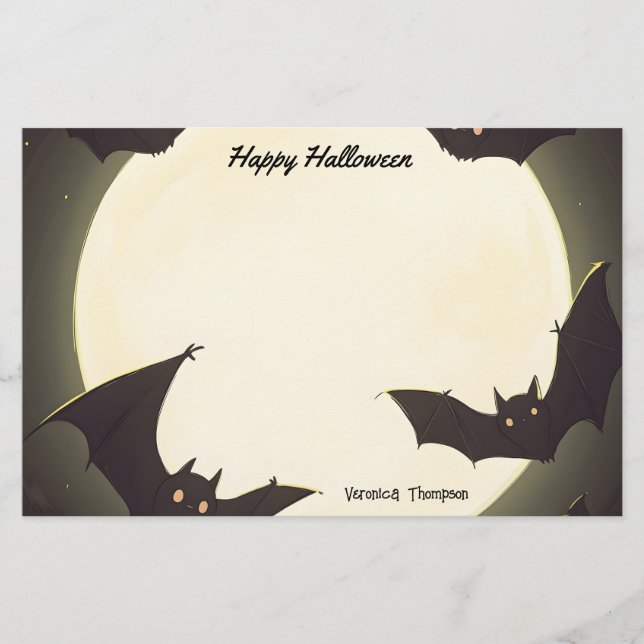 Moon and Bats Happy Halloween Stationery (Front)