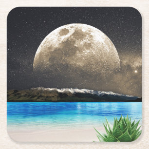 Moon And Beach Square Paper Coaster