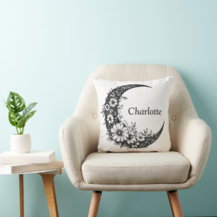 Moon and Flowers Art with Customizable Name Cushion