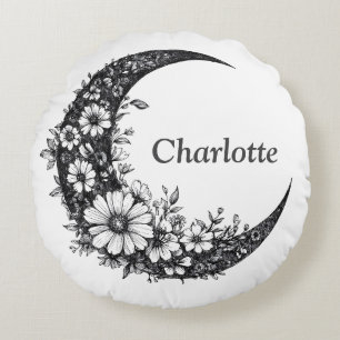 Moon and Flowers Art with Customizable Name Round Cushion