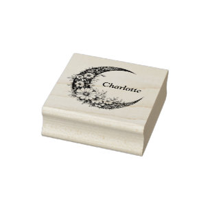 Moon and Flowers Art with Customizable Name Rubber Stamp