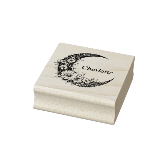 Moon and Flowers Art with Customizable Name Rubber Stamp (Stamp)