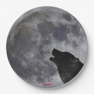 Moon and Howling Wolf paper plate