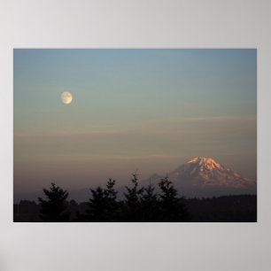 Moon and Mount Ranier at  Poster