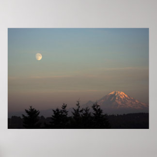 Moon and Mount Ranier at  Poster