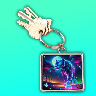 Moon and Panther Holographic Neon Colourful   Key Ring