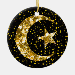 Moon and Star starry sparkly gold Ceramic Tree Decoration