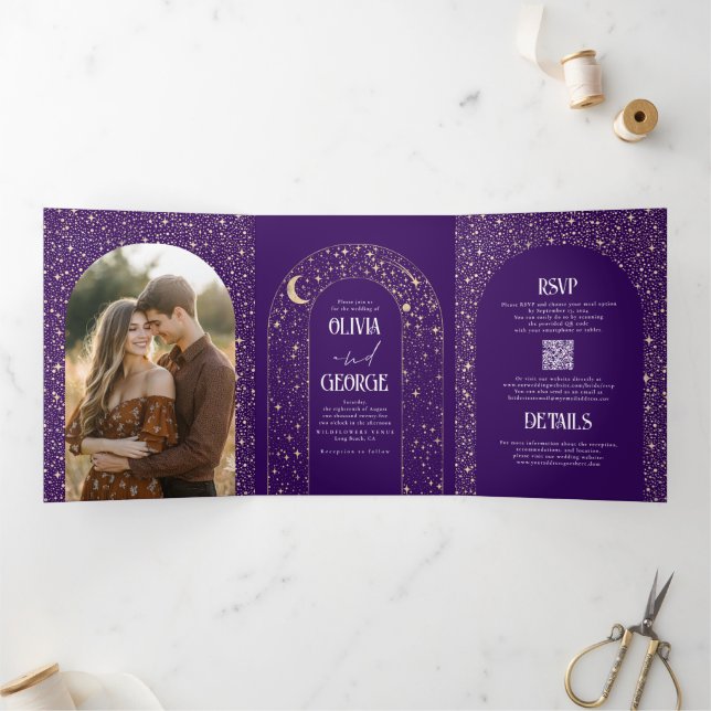 Moon and Stars Arch Celestial Purple Wedding Photo Tri-Fold Invitation (Inside)
