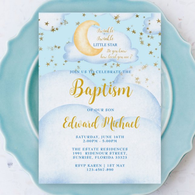 Moon and Stars Baby Boy Baptism  Invitation (Creator Uploaded)