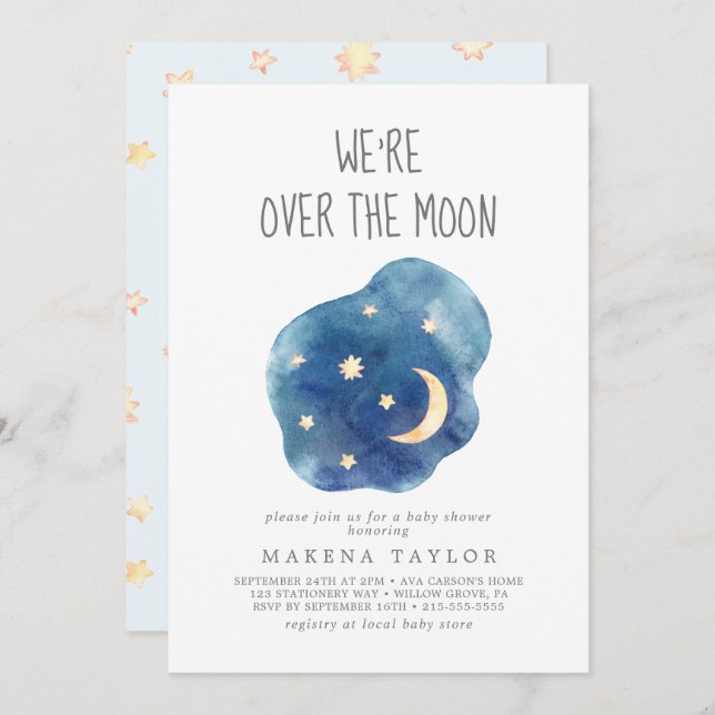 Moon and Stars Baby Boy We're Over the Moon Invitation (Front/Back)