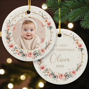 Moon and Stars Baby First Christmas Photo Ceramic Ornament