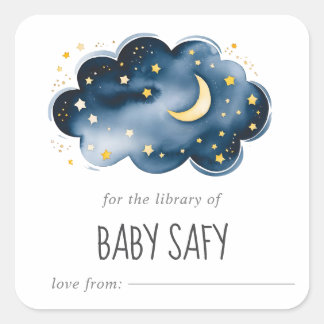 Moon and Stars Baby Shower Bookplate Square Sticker