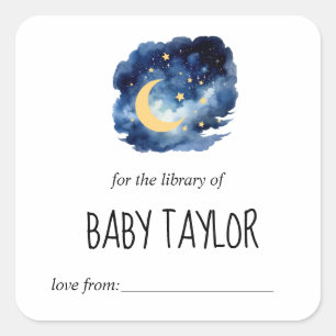 Moon and Stars Baby Shower Bookplate Square Sticker