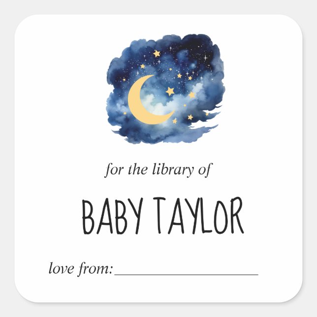 Moon and Stars Baby Shower Bookplate Square Sticker (Front)