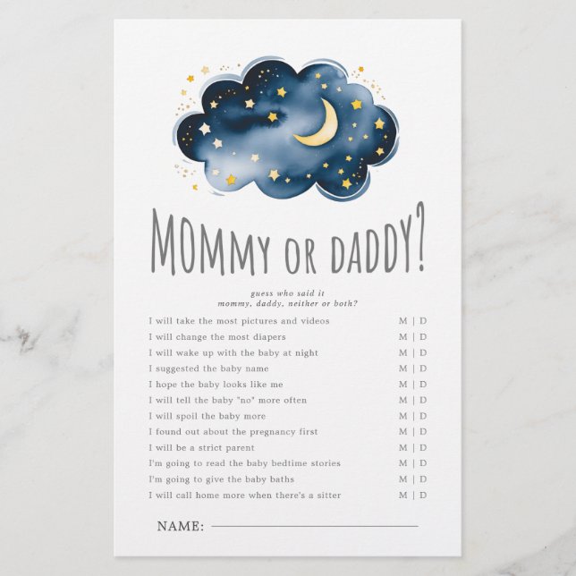 Moon and Stars Baby Shower Mummy or Daddy Game (Front)