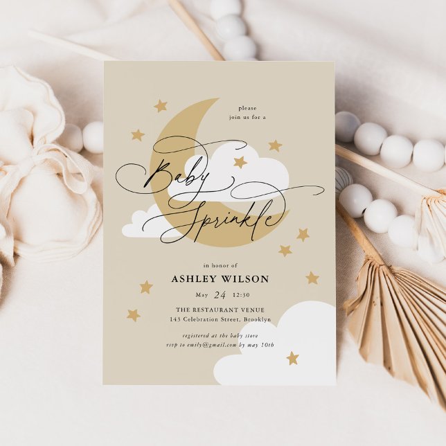 Moon and Stars Beige Elegant Script Baby Sprinkle Invitation (Creator Uploaded)