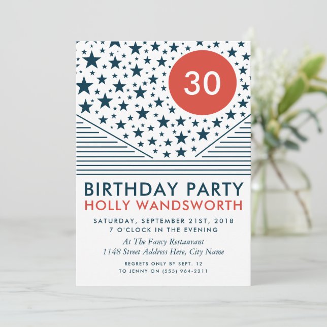 Moon and Stars, Blood Orange, Birthday Party Invitation (Standing Front)