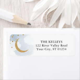 Moon and Stars, Blue Gold Glitter Return Address Label