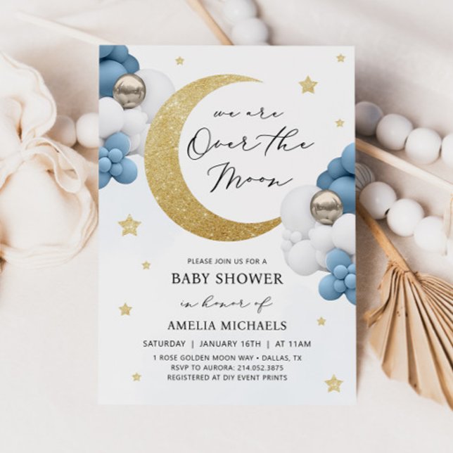 Moon And Stars Blue Over The Moon Baby Shower Invitation (Creator Uploaded)
