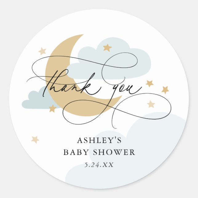 Moon and Stars Blue Script Baby Shower Thank You C Classic Round Sticker (Front)