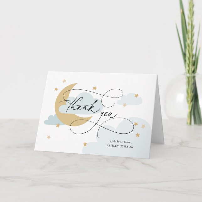 Moon and Stars Blue Script Baby Shower Thank You Card (Front)
