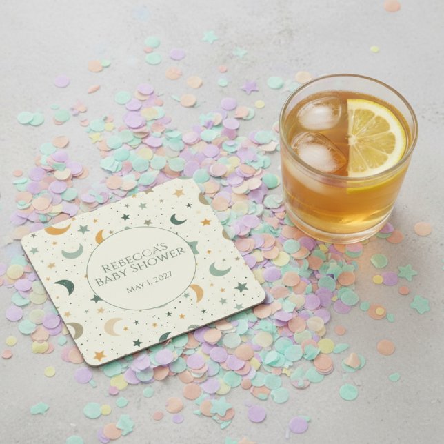 Moon and Stars Boho Baby Adoption Shower Square Paper Coaster (Boho moon and stars baby shower drink coaster)