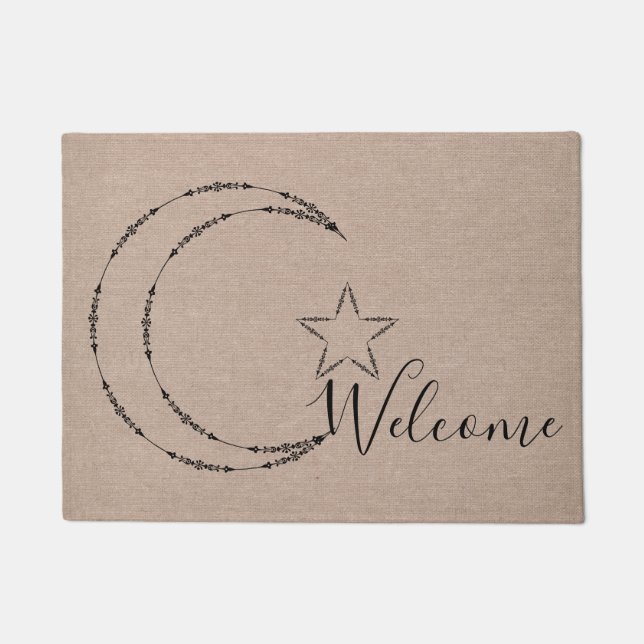Moon and stars celestial Welcome faux burlap Doormat (Front)