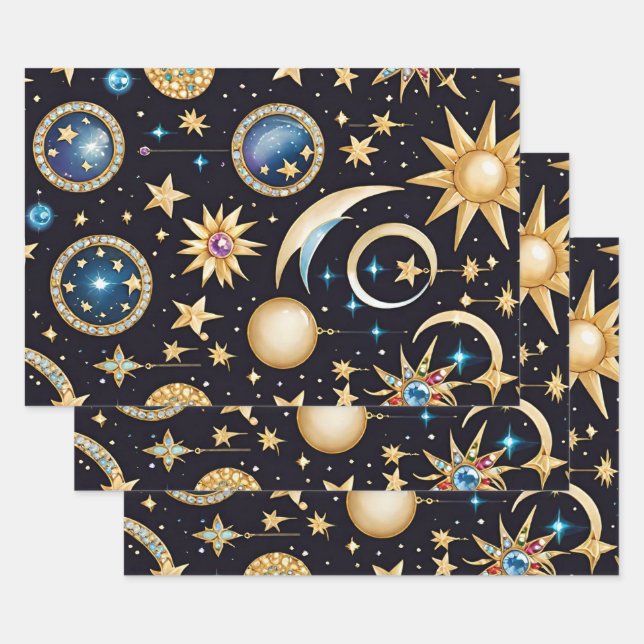 Moon And Stars Celestial   Wrapping Paper Sheet (Set)
