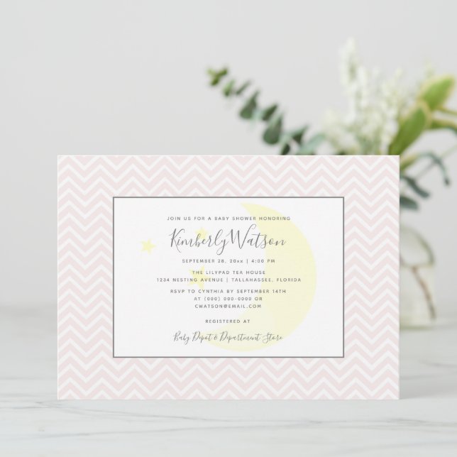 Moon and Stars Chevron Baby Shower | Pink Invitation (Standing Front)