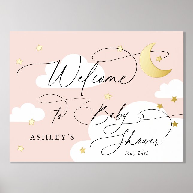 Moon and Stars Clouds Pink Welcome Baby Shower Foil Prints (Front)