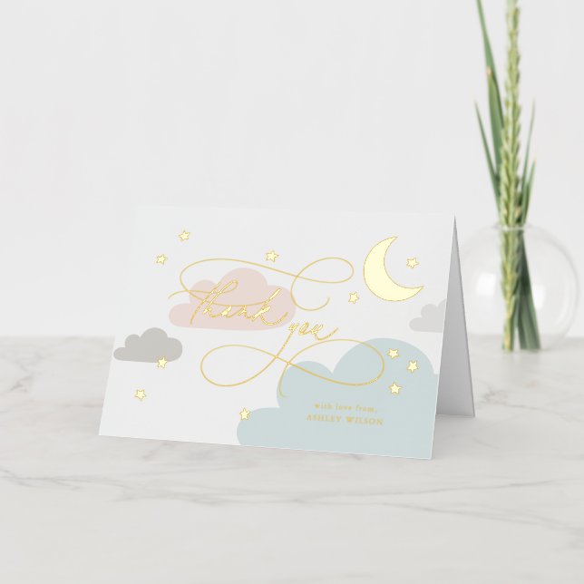 Moon and Stars Colourful Script Baby Thank You Foil Greeting Card (Front)