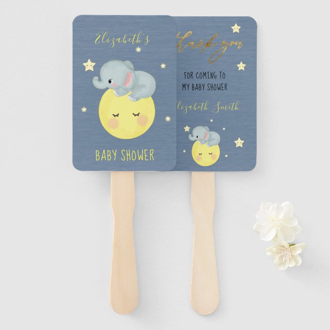 Moon and Stars Cute Elephant Baby Boy Shower Hand Fan (Front and Back)