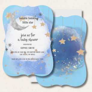 Moon And Stars Dark Blue Watercolor Gold Abstract Invitation