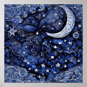 Moon and Stars Deep Blue Night Sky Poster