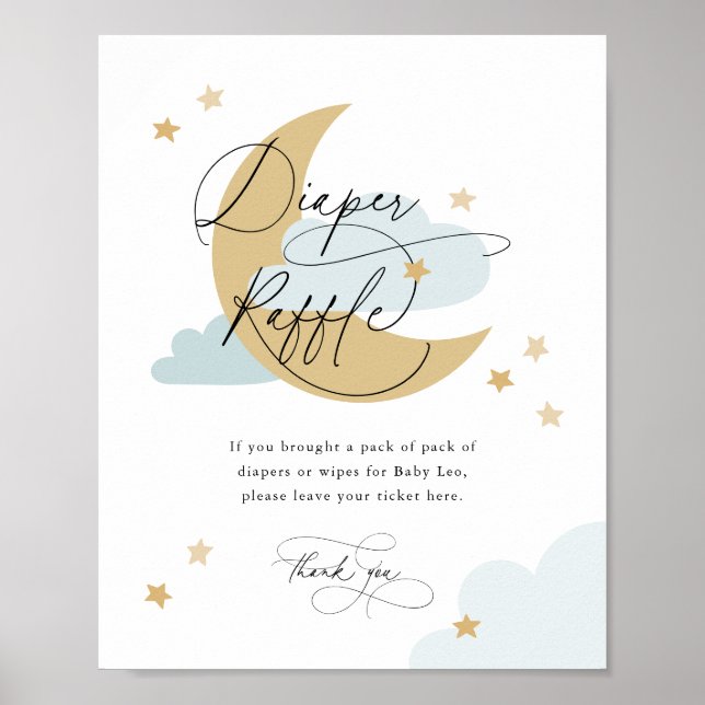 Moon and Stars Diaper Raffle Sign Blue Baby Shower (Front)