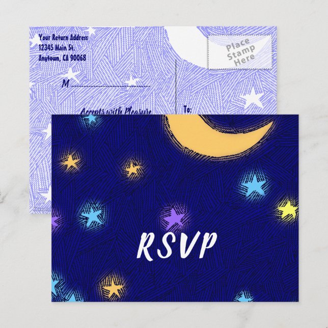 Moon and Stars Etching Custom Party RSVP Postcard (Front/Back)