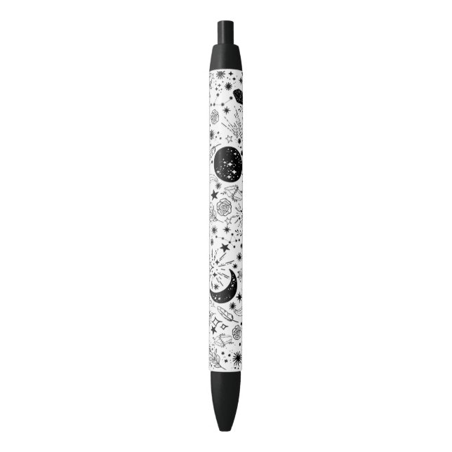 Moon and Stars Floral Galaxy Pen Black and White (Front Vertical)
