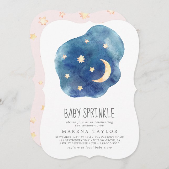 Moon and Stars Girl Baby Sprinkle Invitation (Front/Back)