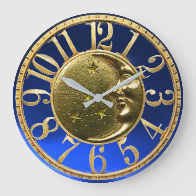 MOON AND STARS Gold Yellow Blue Large Clock (Front)