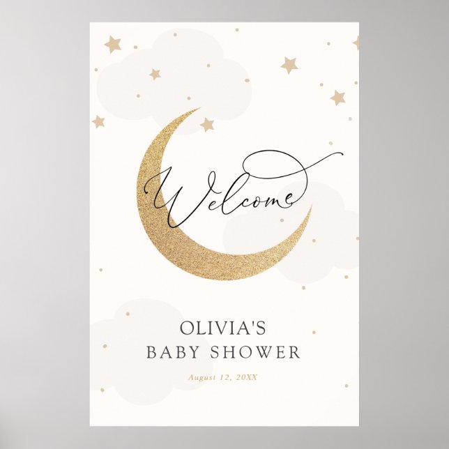 Moon and Stars Grey Baby Shower Welcome Sign (Front)