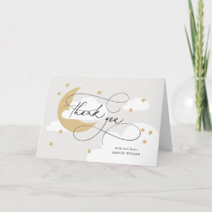 Moon and Stars Grey Gold Script Baby Shower Thank You Card