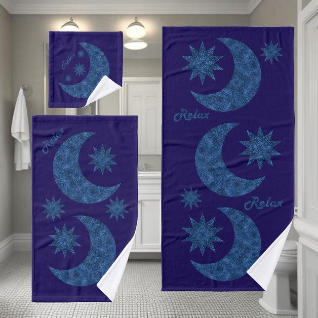 Moon and stars in a blue glitter look - Relax!  Bath Towel Set (Creator Uploaded)