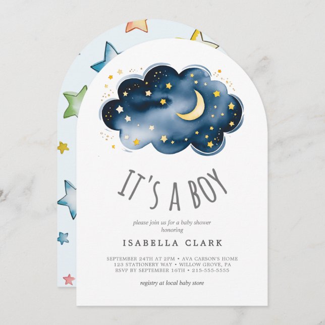 Moon and Stars It's A Boy Baby Shower Invitation (Front/Back)