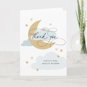 Moon and Stars Matte Blue Script Baby Shower Thank You Card